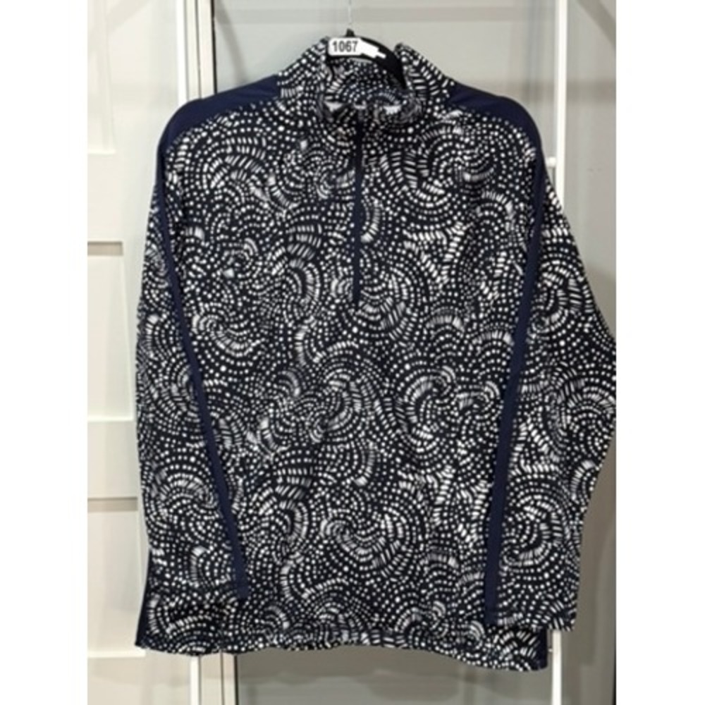 T by Talbots Navy White Dot Swirl Quarter Zip Pullover Top L Athleisure Preppy